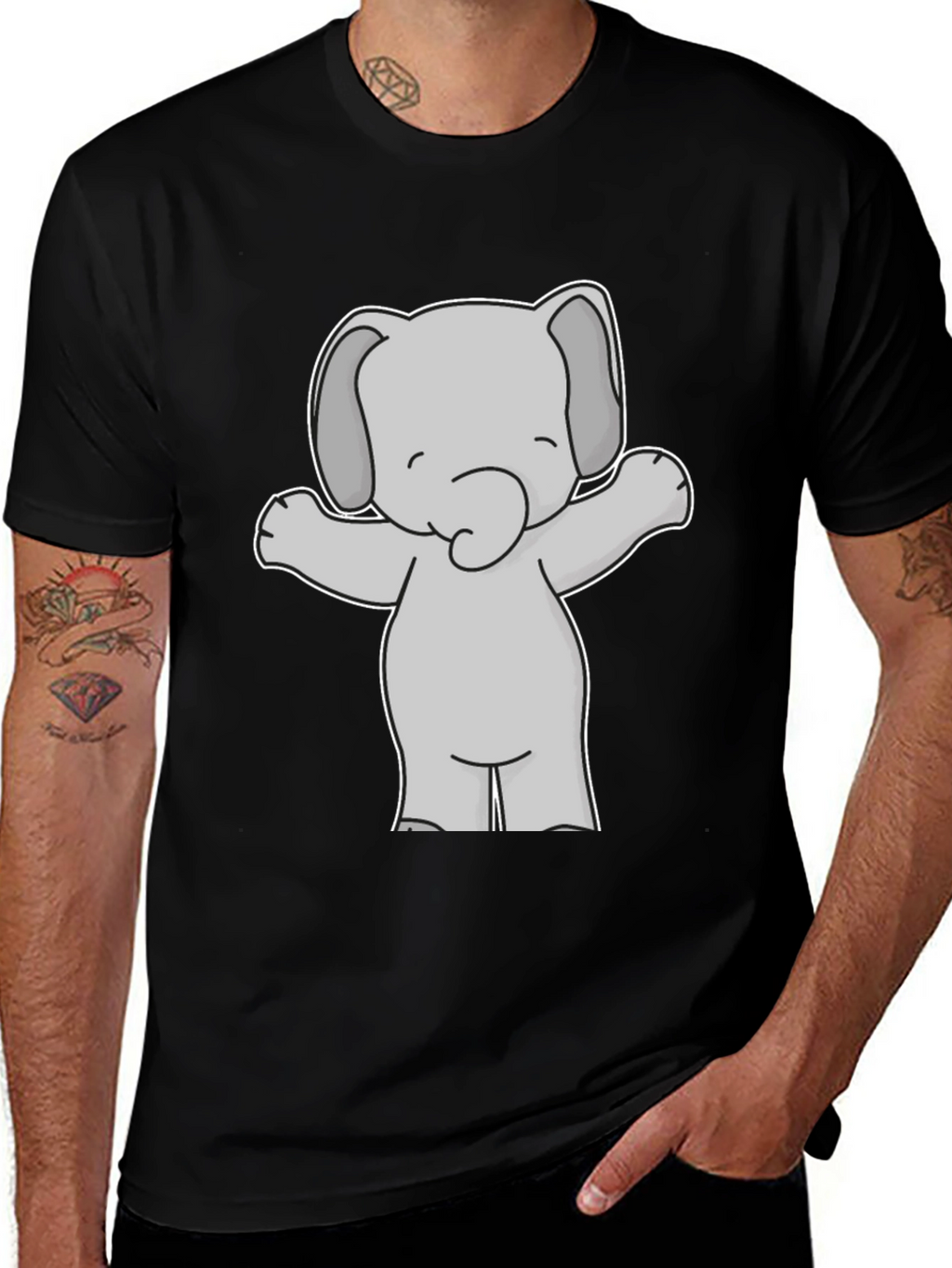 Cute Elephant Graphic Tee - Black Cotton T-Shirt