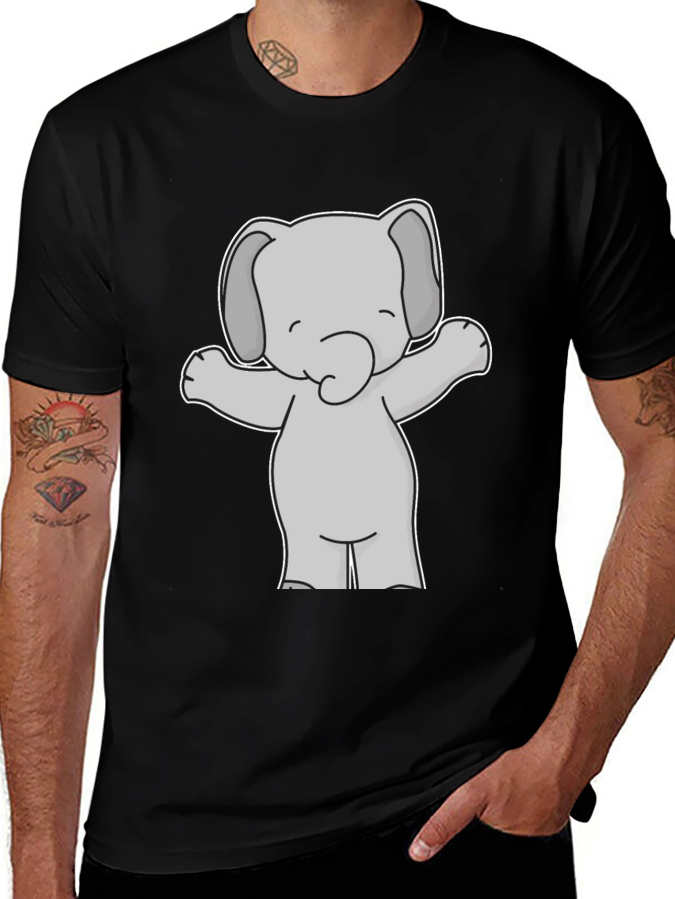 Cute Elephant Graphic Tee - Black Cotton T-Shirt