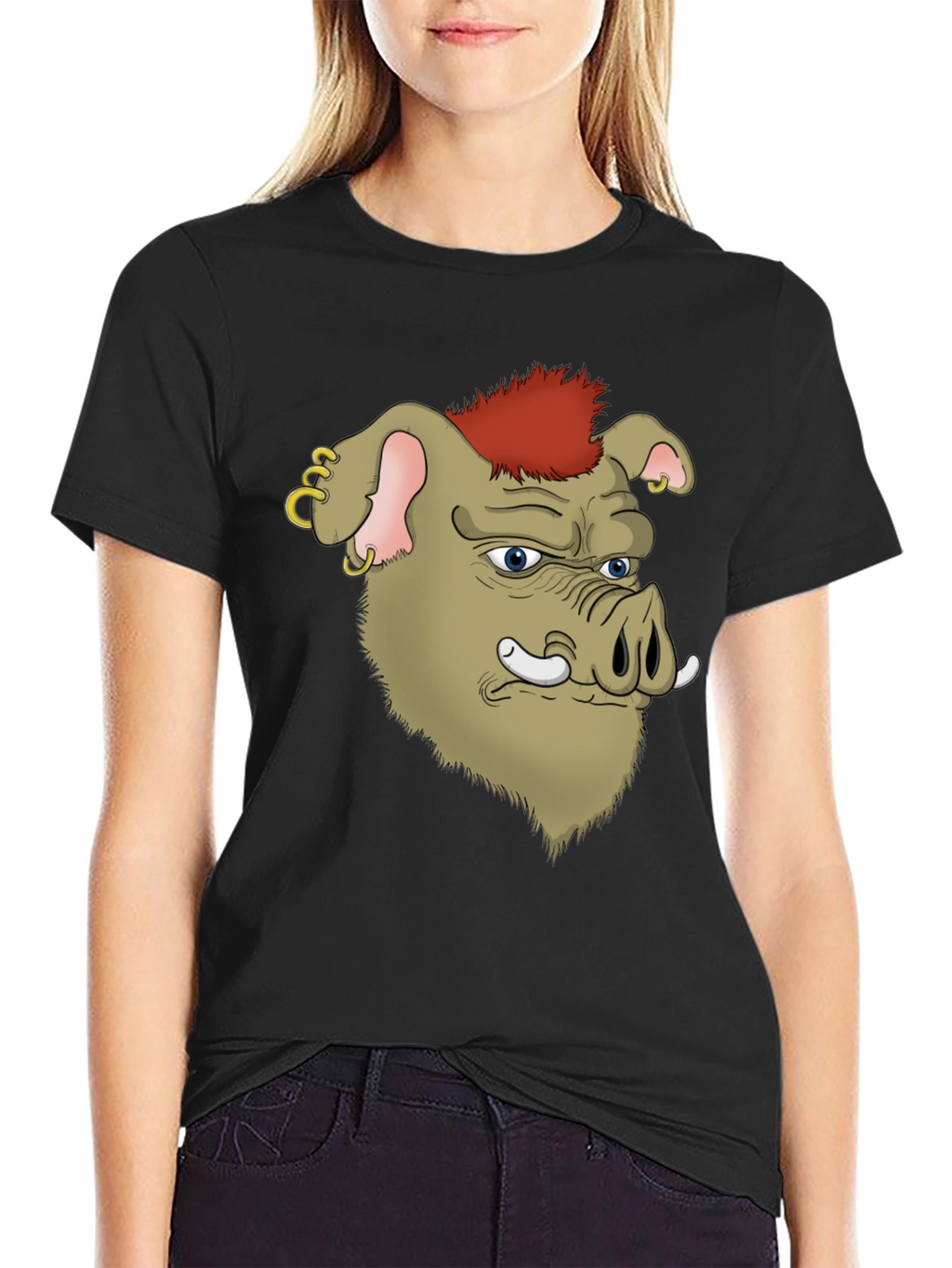 Boar Cartoon Graphic Black T-Shirt