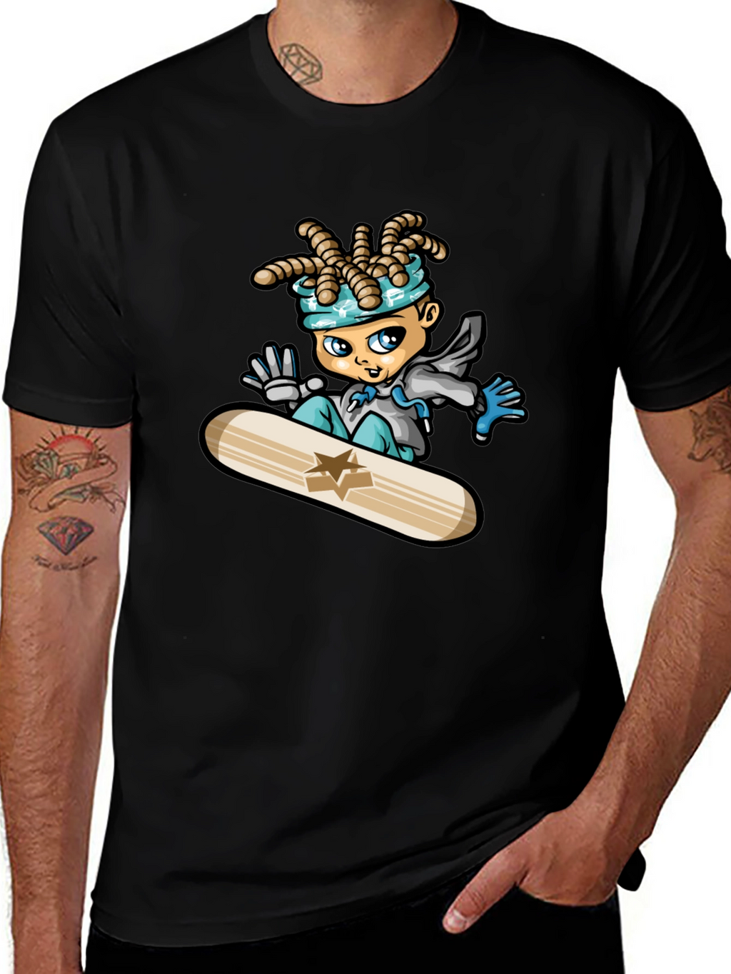 Cartoon Snowboarder Black T-Shirt