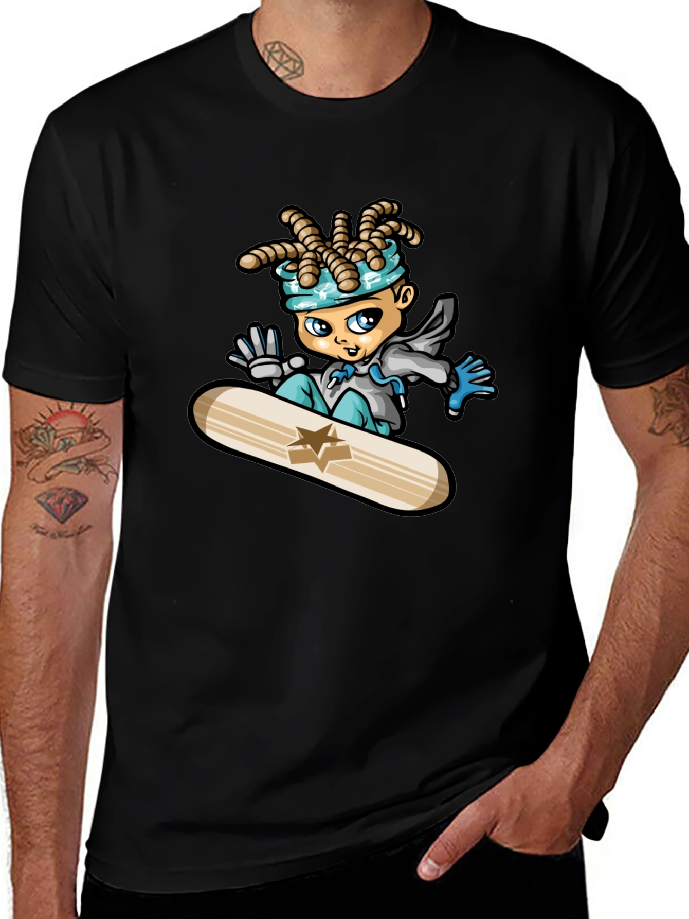 Cartoon Snowboarder Black T-Shirt