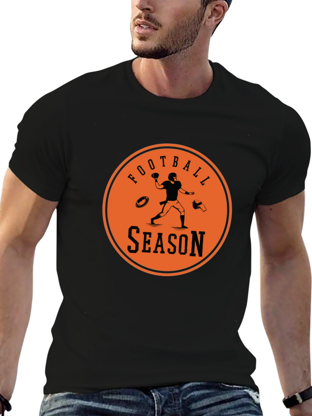 Football Season Graphic Tee - Black Cotton T-Shirt