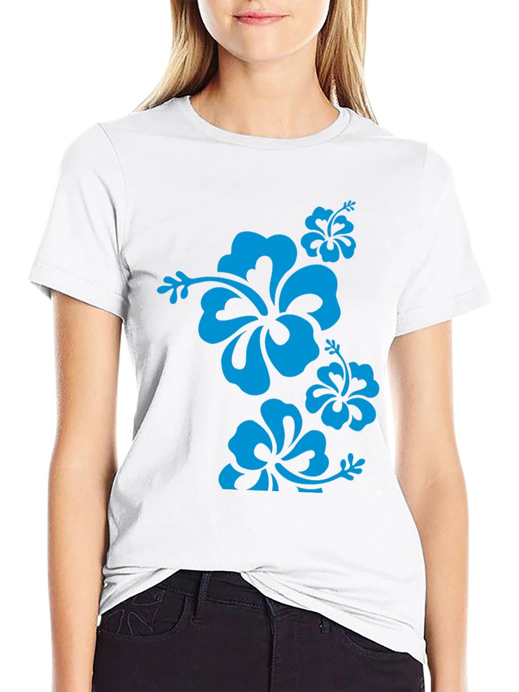Blue Hibiscus Flower Black T-Shirt