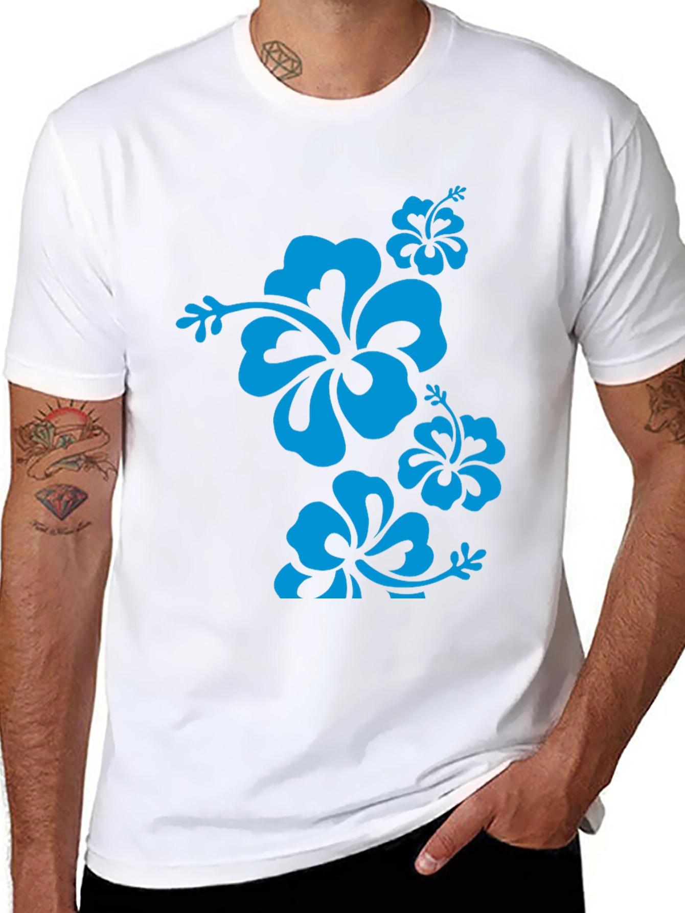 Blue Hibiscus Flower Black T-Shirt