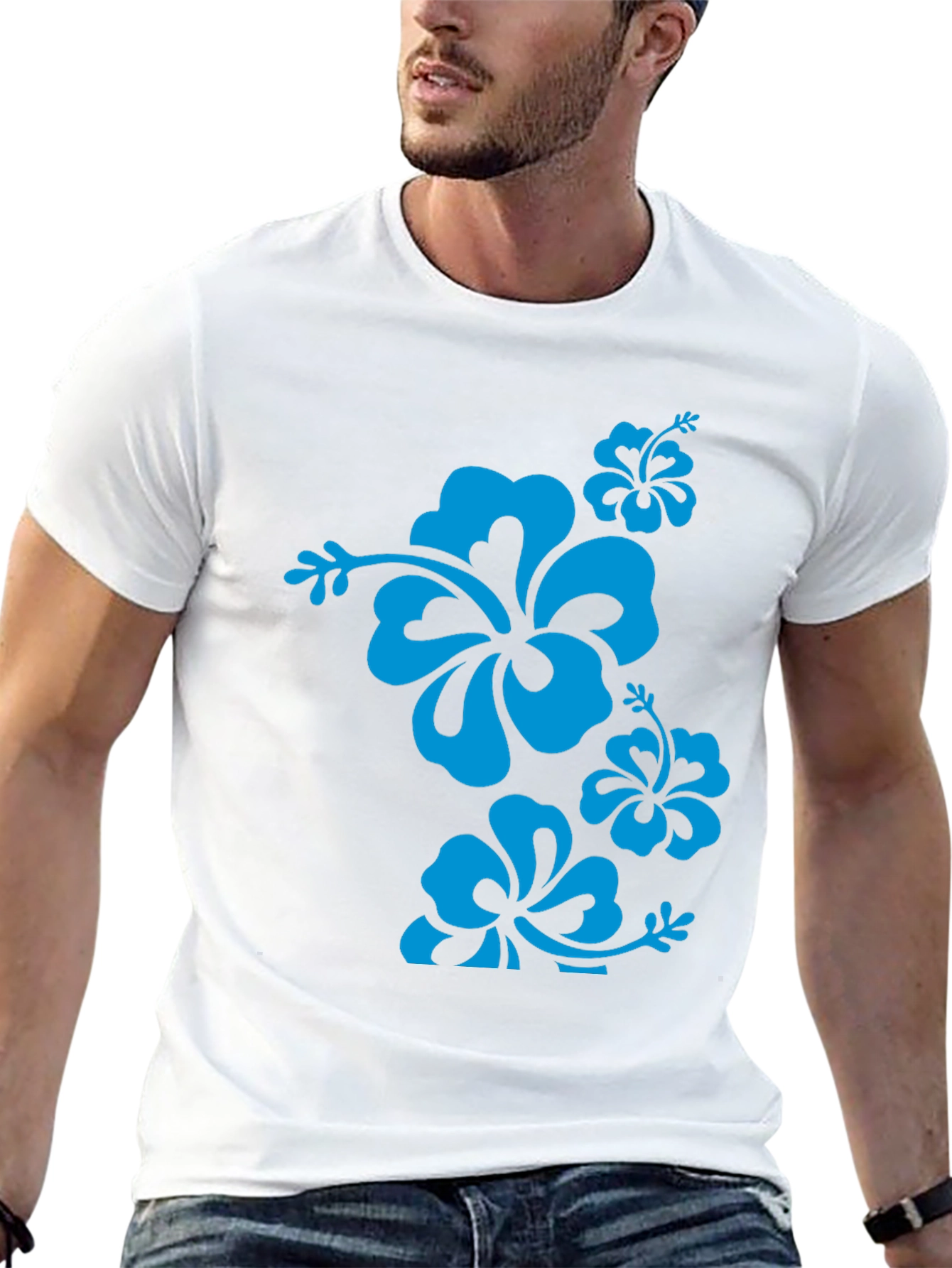 Blue Hibiscus Flower Black T-Shirt
