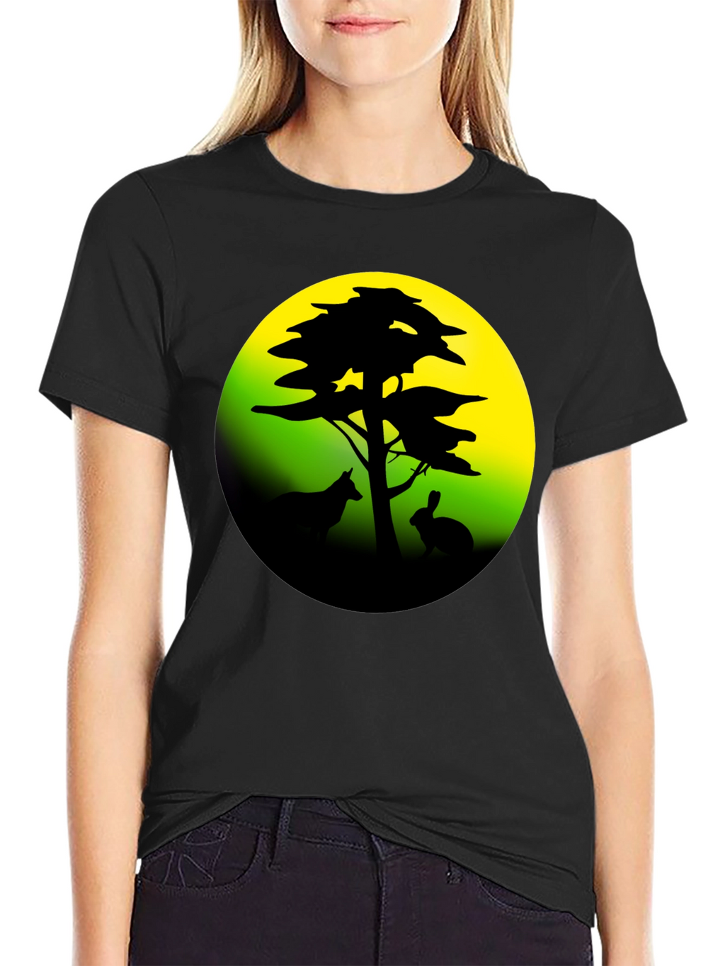Silhouette Tree & Animals Black T-Shirt