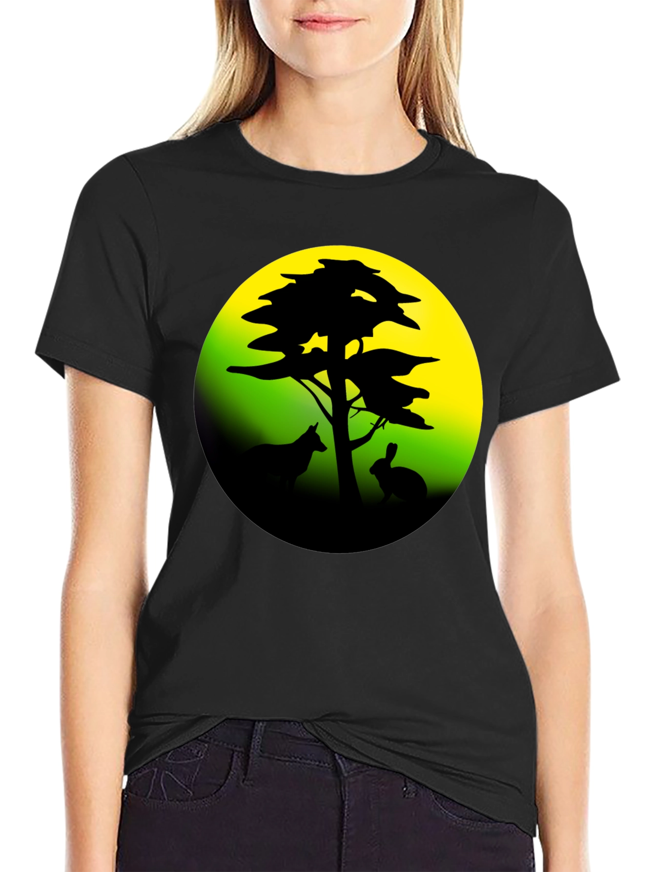 Silhouette Tree & Animals Black T-Shirt