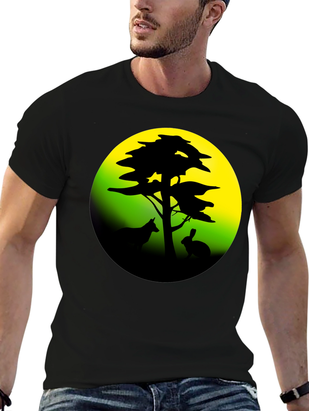 Silhouette Tree & Animals Black T-Shirt