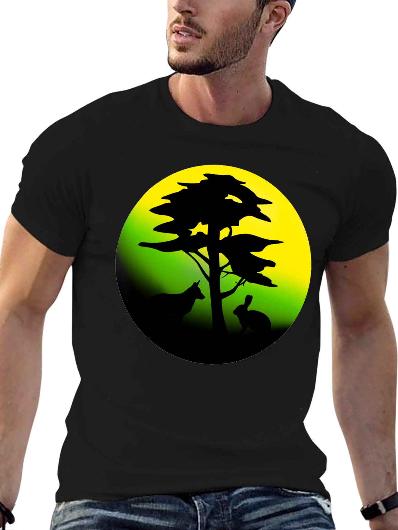 Silhouette Tree & Animals Black T-Shirt