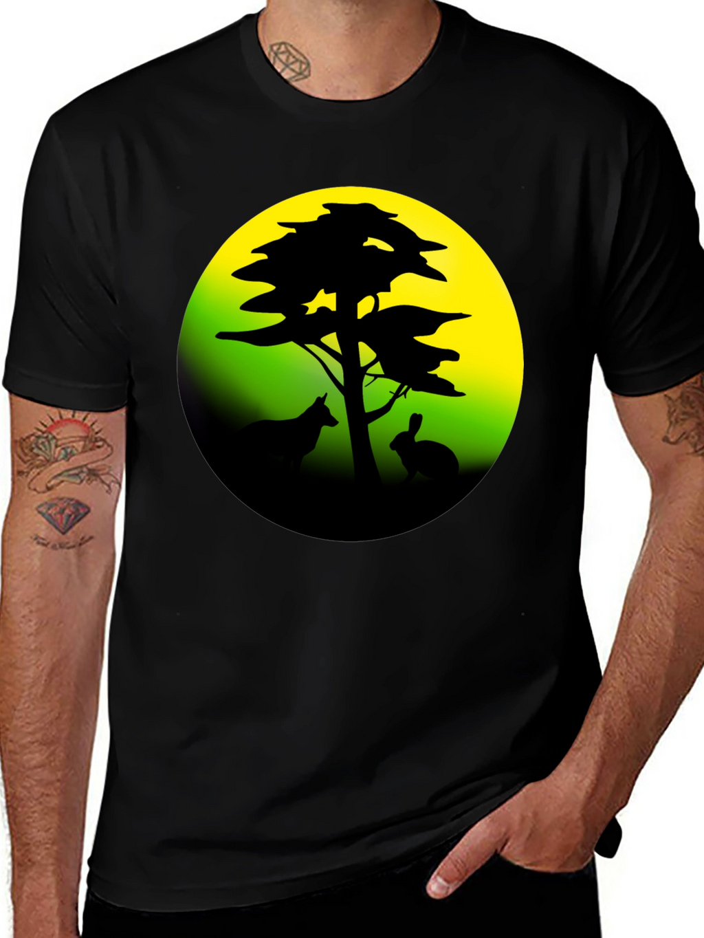 Silhouette Tree & Animals Black T-Shirt