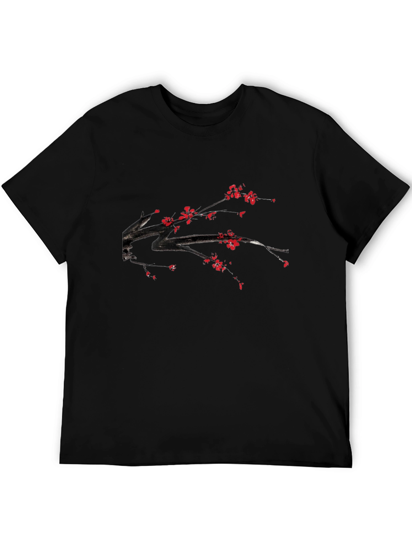 Black T-Shirt with Floral Branch Print