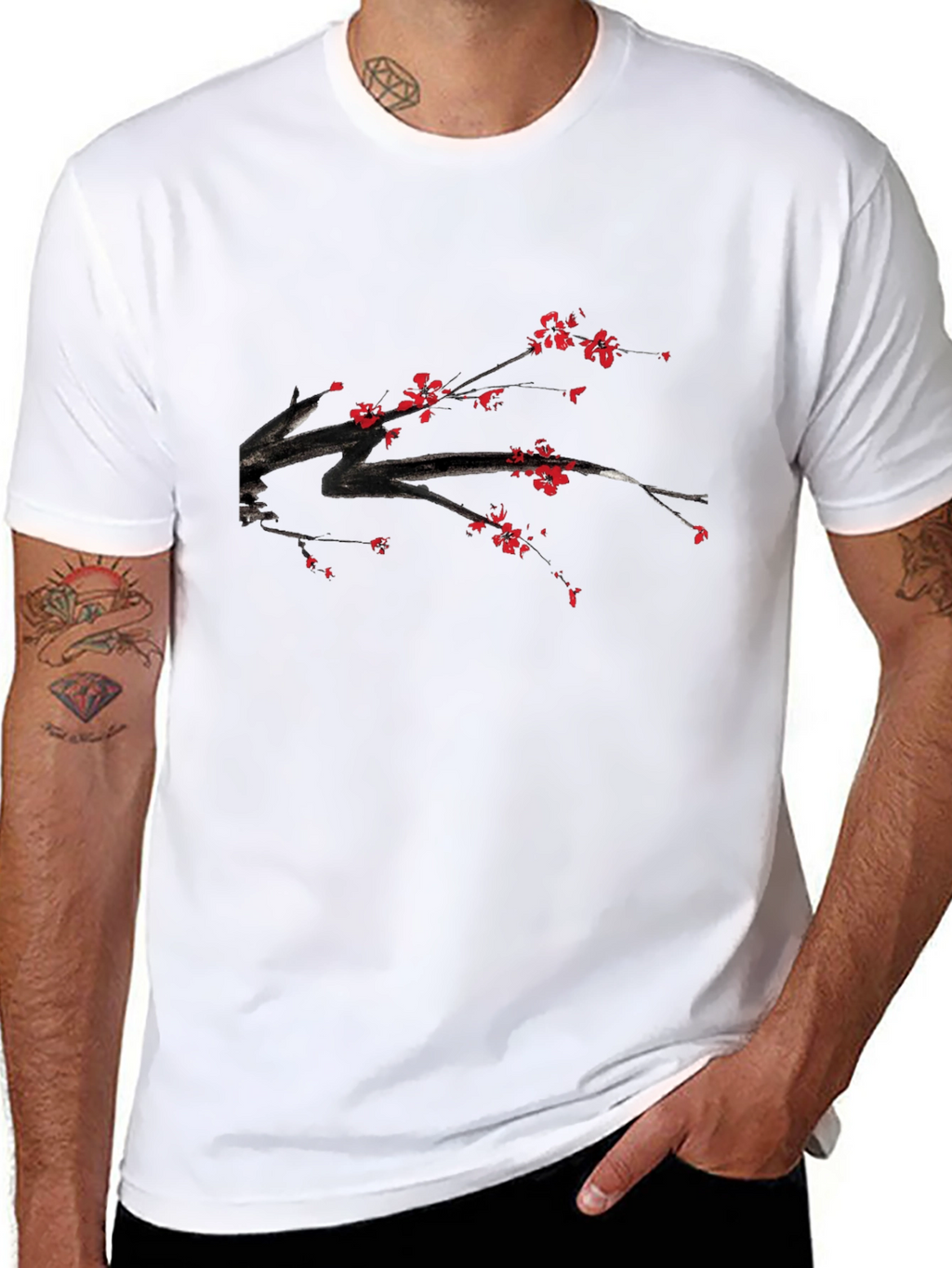 Black T-Shirt with Floral Branch Print
