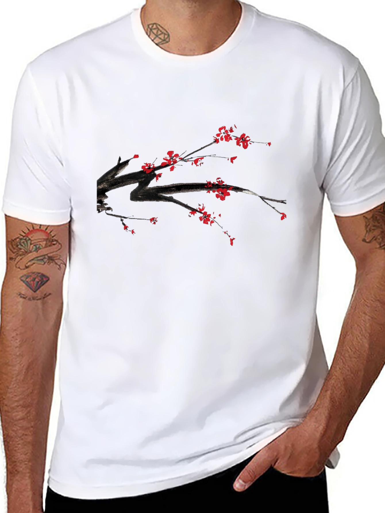 Black T-Shirt with Floral Branch Print