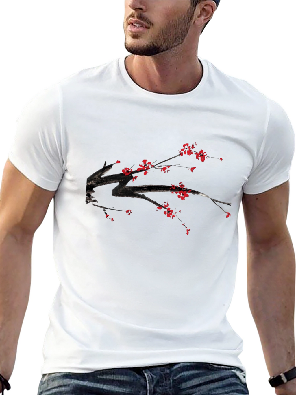 Black T-Shirt with Floral Branch Print