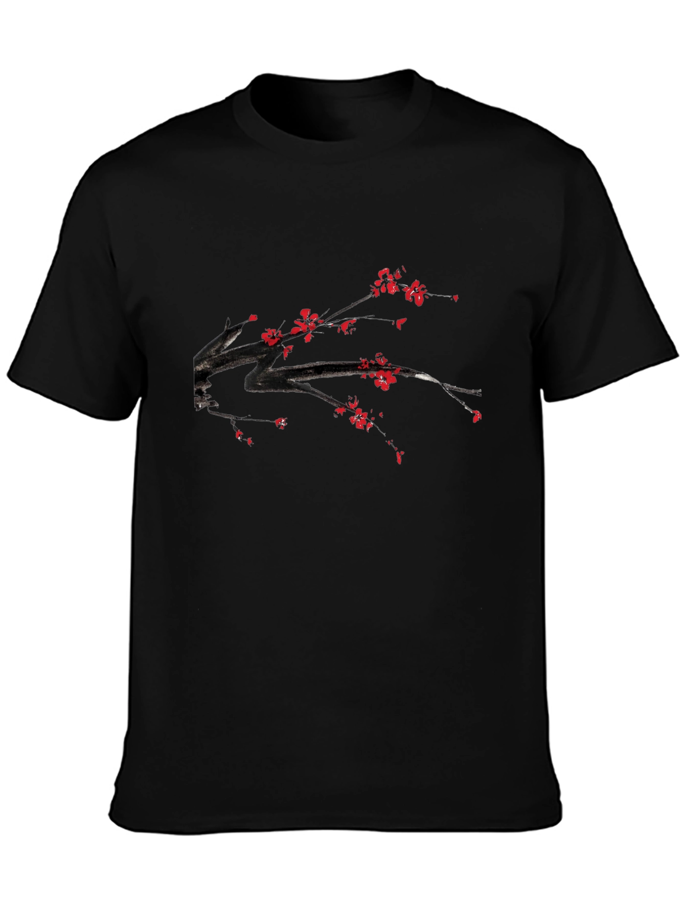 Black T-Shirt with Floral Branch Print