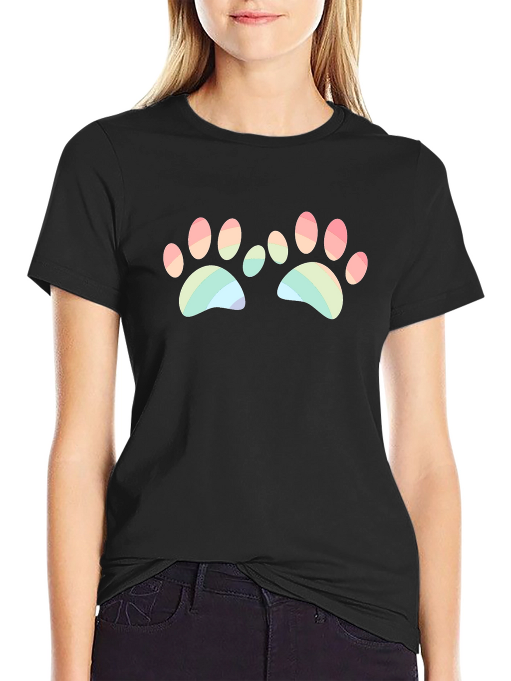 Rainbow Paw Print Graphic Black T-Shirt