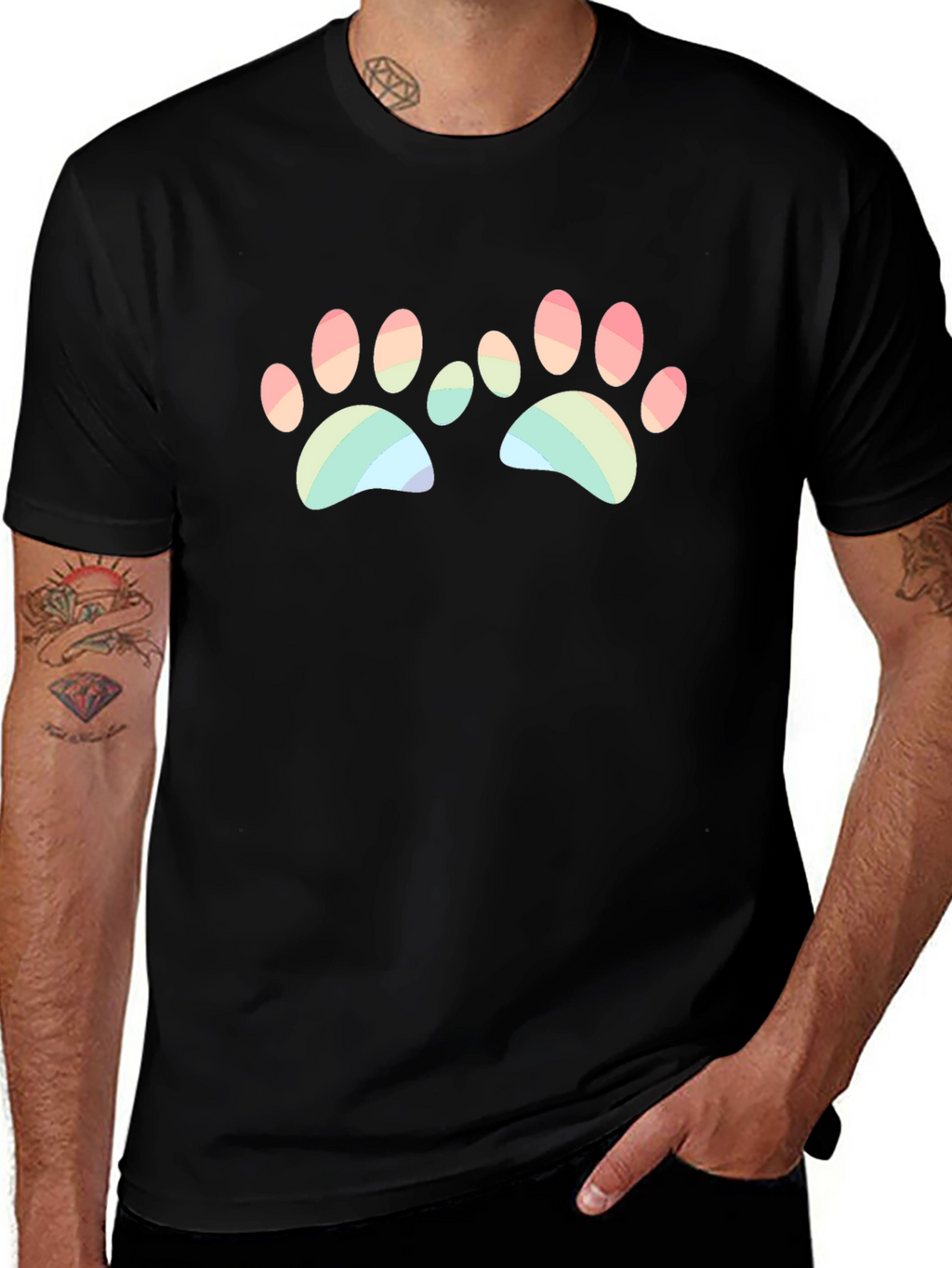 Rainbow Paw Print Graphic Black T-Shirt