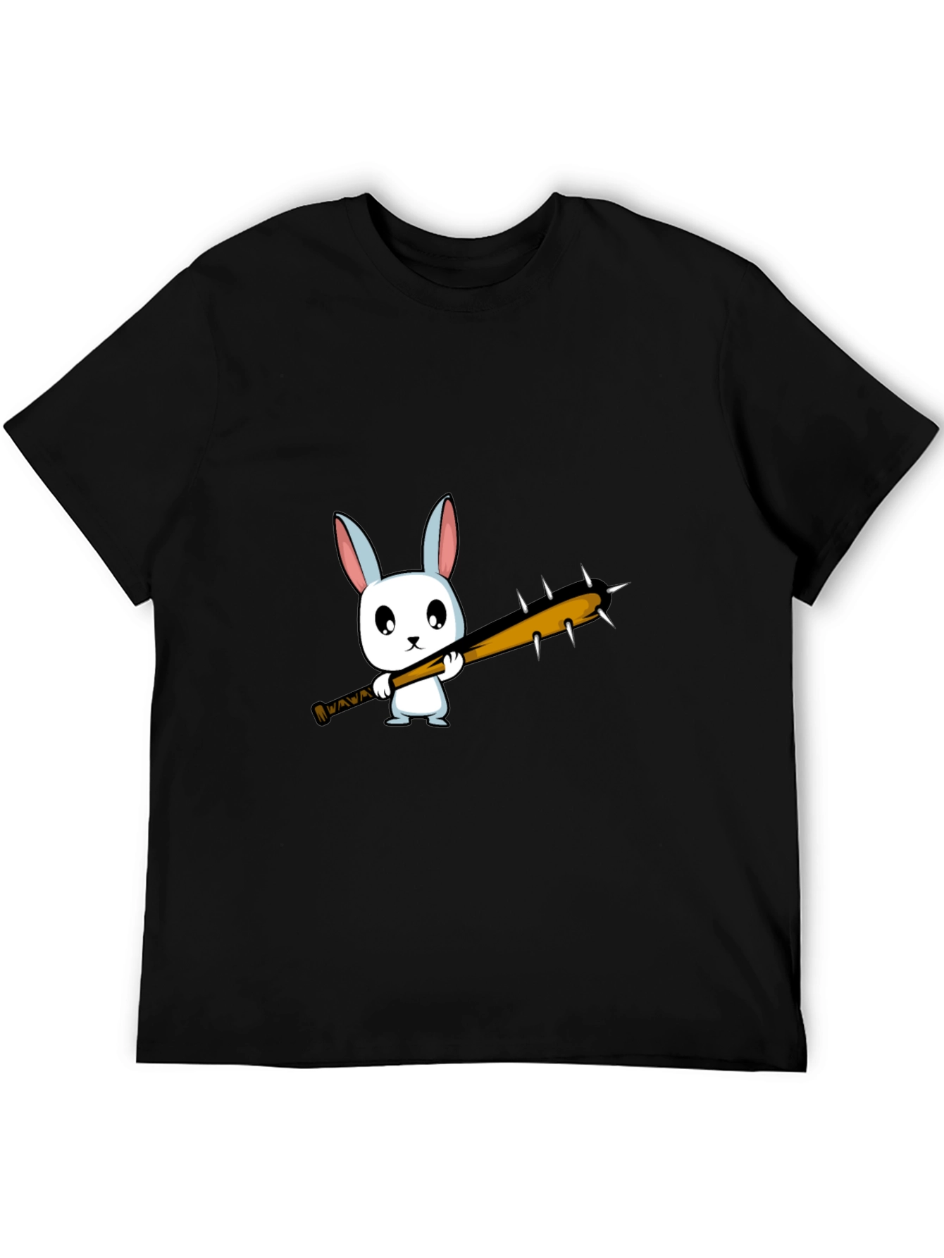 Cartoon Bunny with Spiked Bat Black T-Shirt