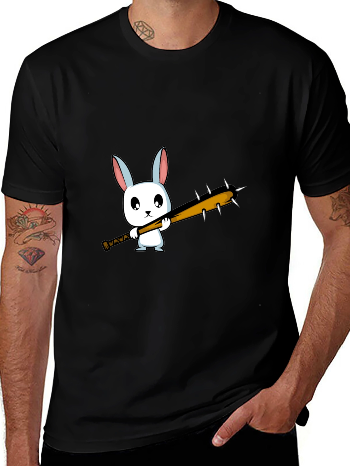 Cartoon Bunny with Spiked Bat Black T-Shirt