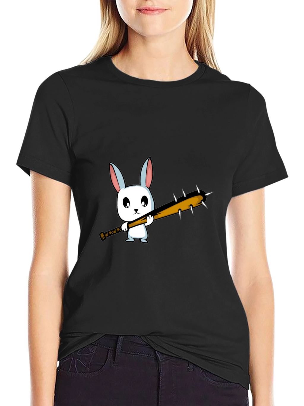 Cartoon Bunny with Spiked Bat Black T-Shirt