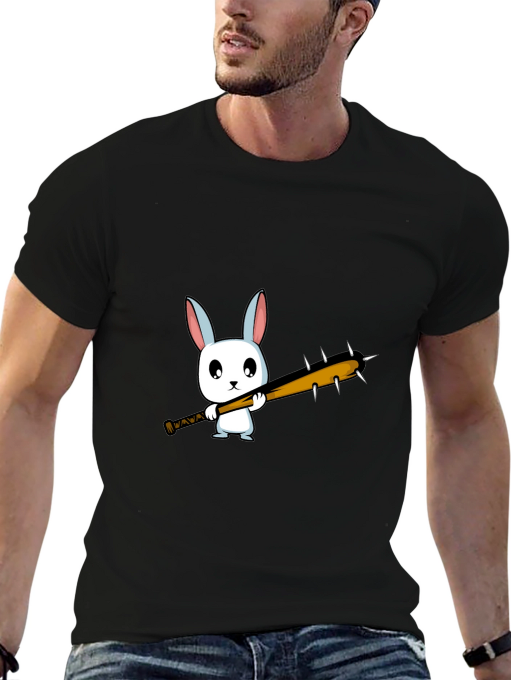 Cartoon Bunny with Spiked Bat Black T-Shirt