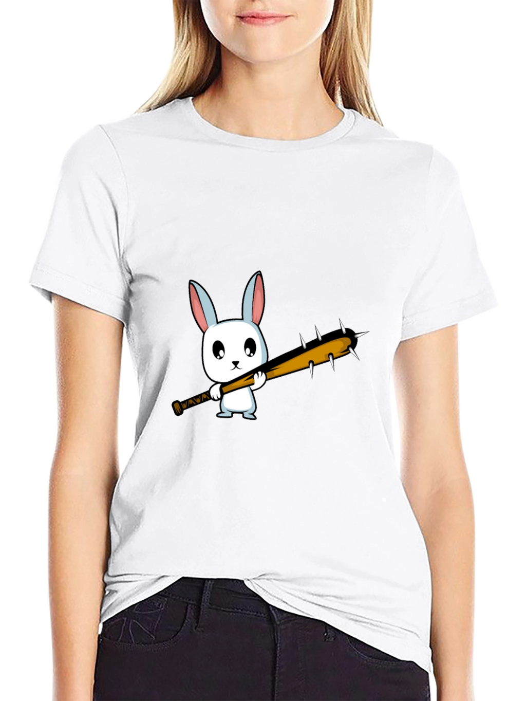 Cartoon Bunny with Spiked Bat Black T-Shirt