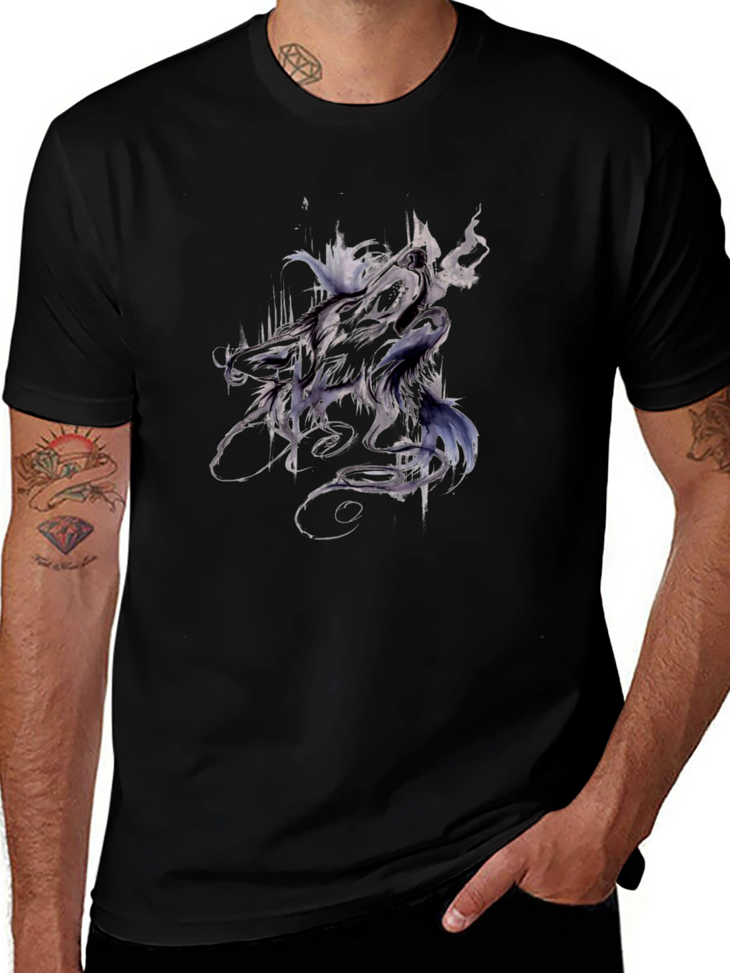 Abstract Wolf Graphic Tee - Black Cotton T-Shirt