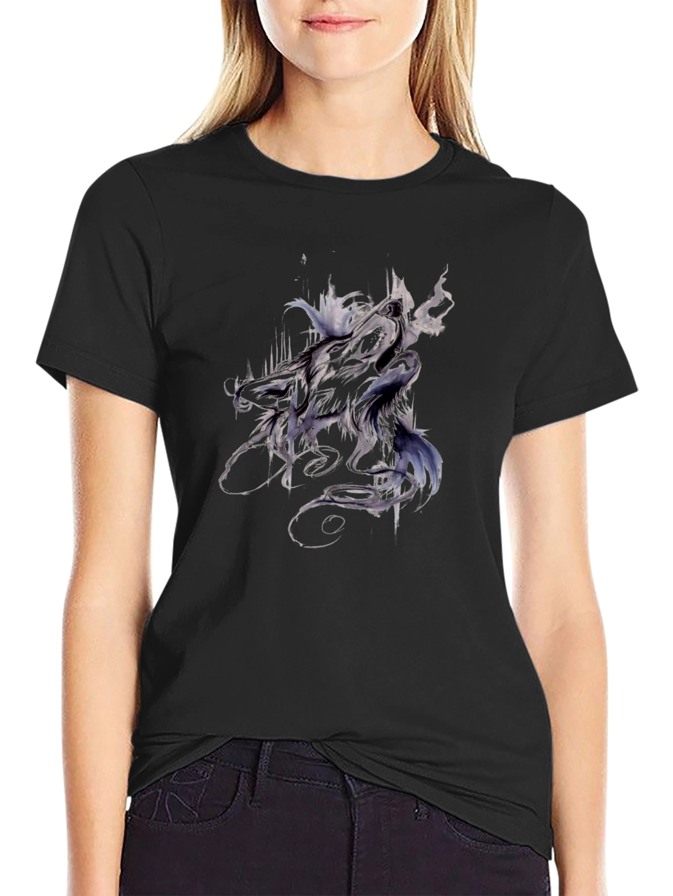 Abstract Wolf Graphic Tee - Black Cotton T-Shirt