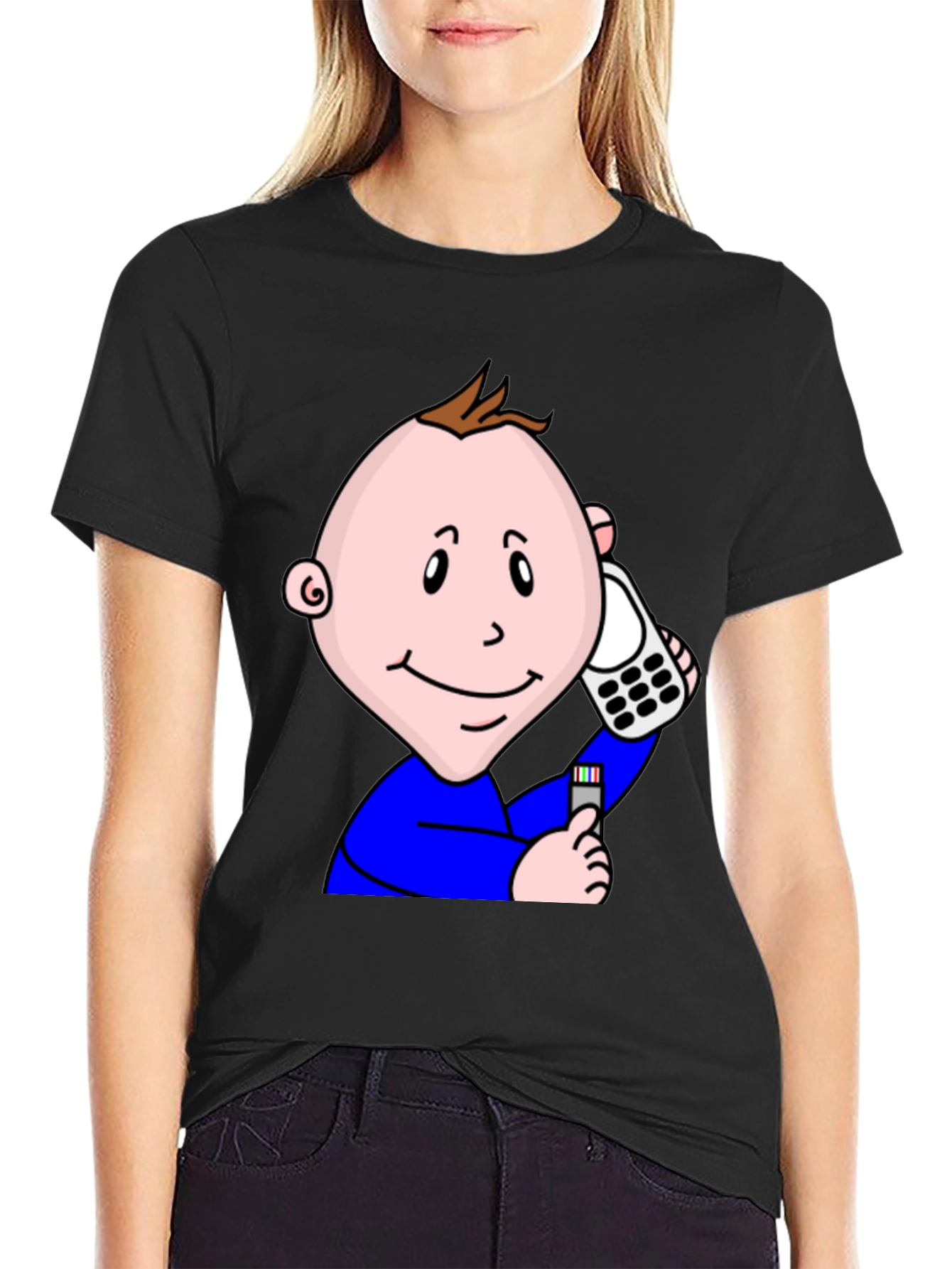 Cartoon Baby On Phone T-Shirt - Black Cotton Tee