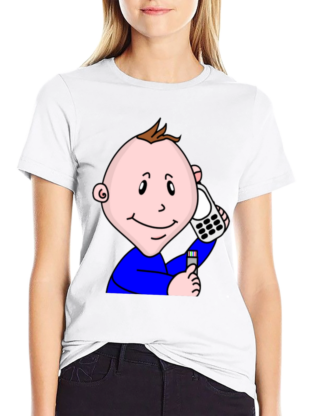 Cartoon Baby On Phone T-Shirt - Black Cotton Tee