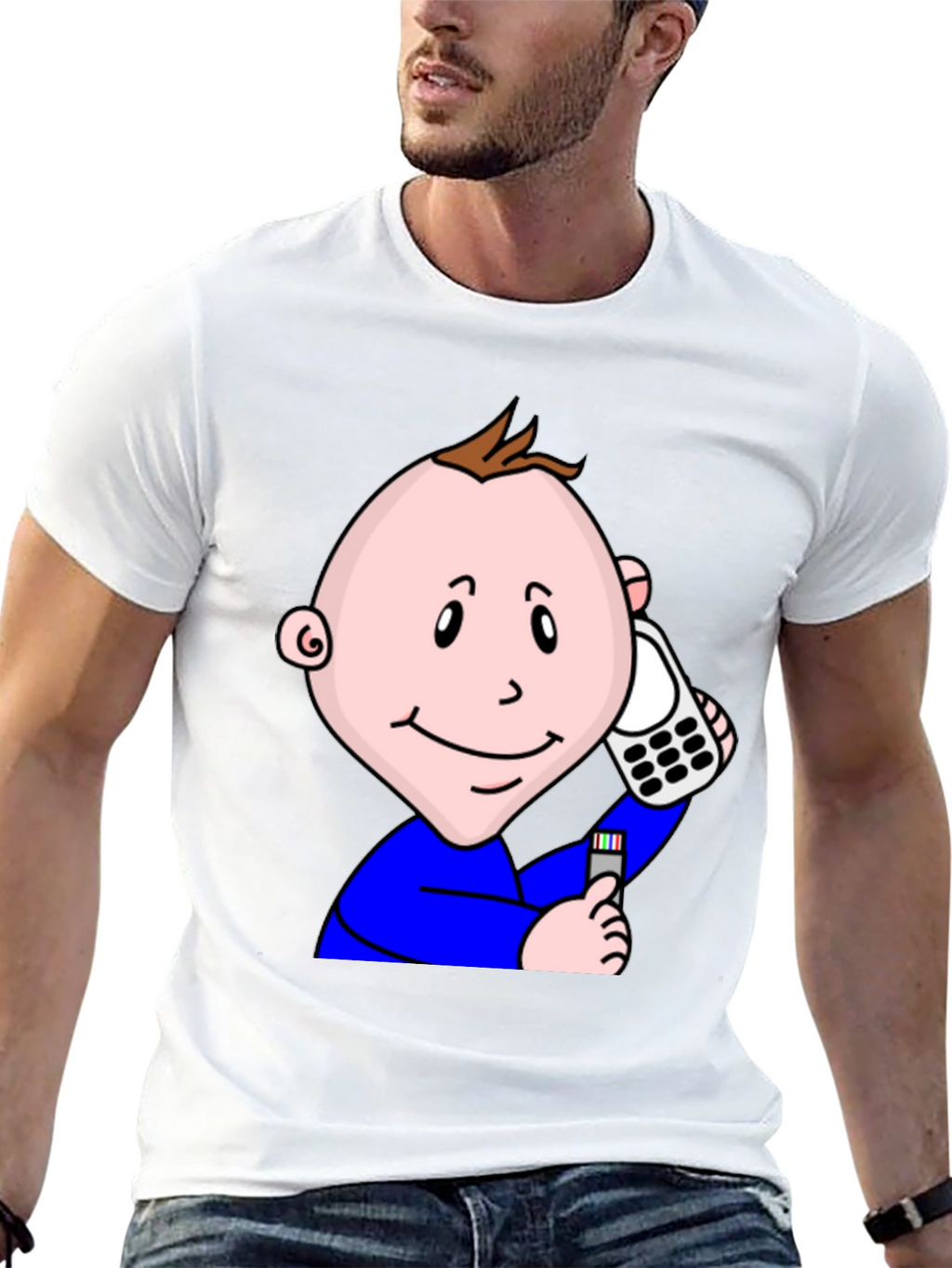 Cartoon Baby On Phone T-Shirt - Black Cotton Tee