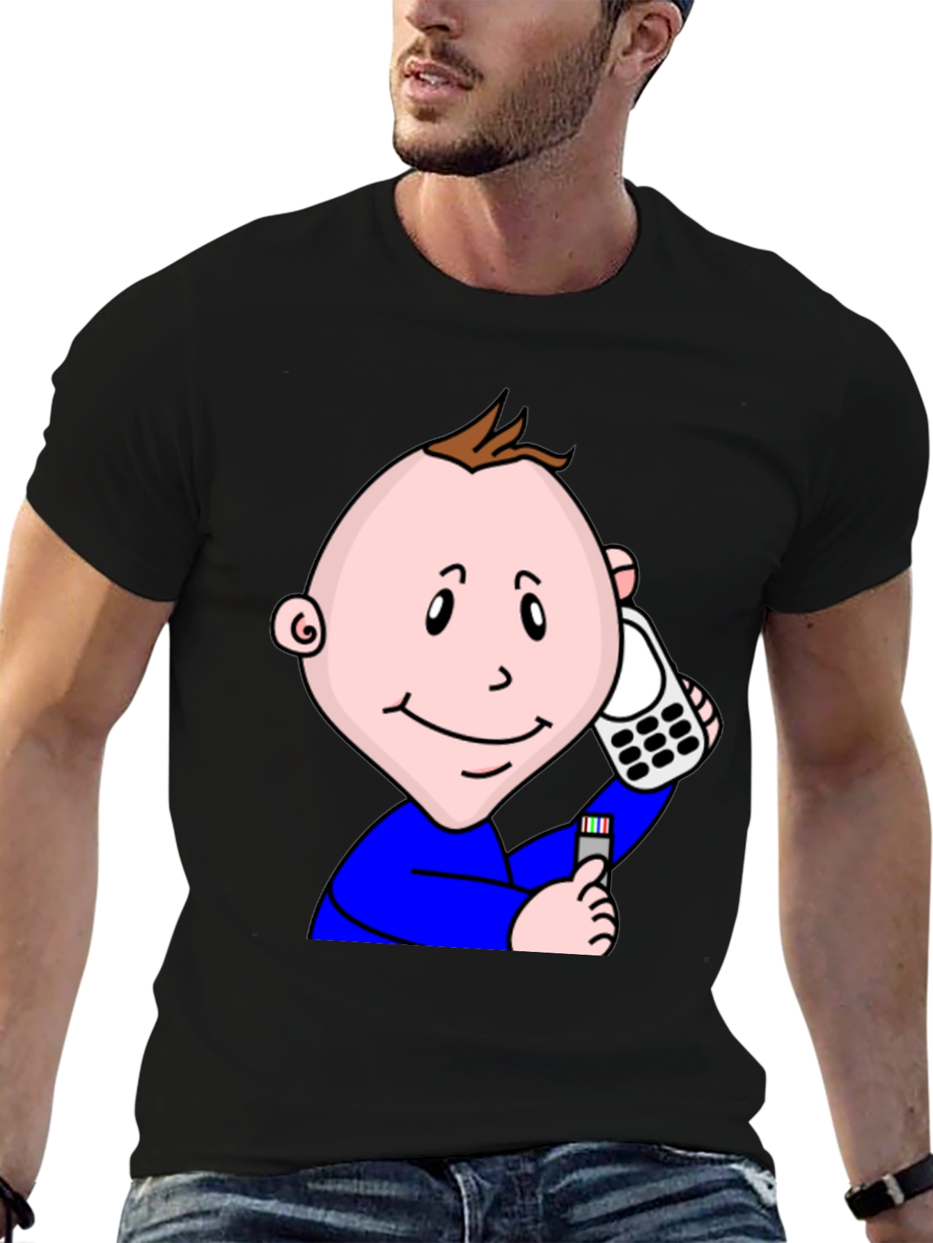 Cartoon Baby On Phone T-Shirt - Black Cotton Tee