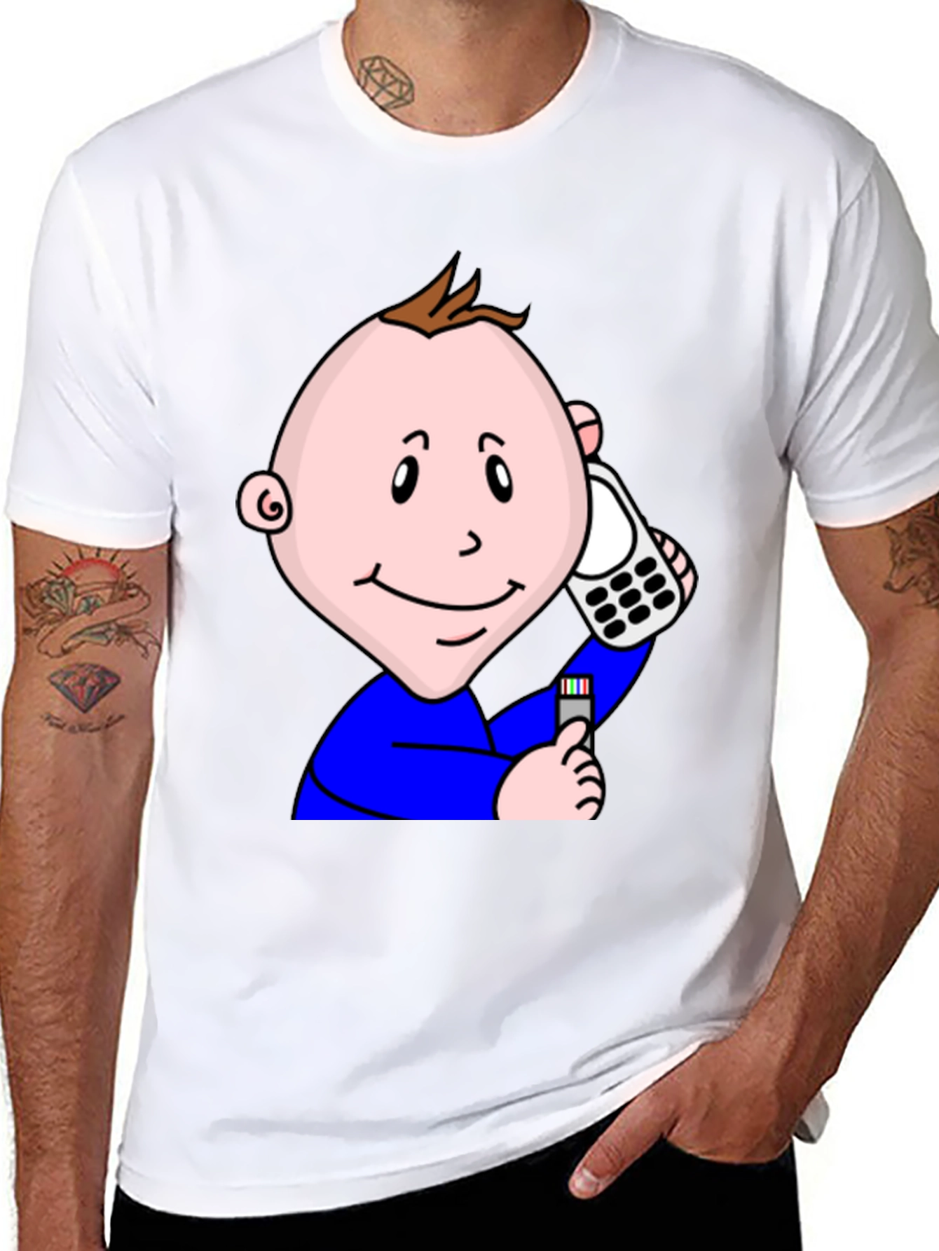 Cartoon Baby On Phone T-Shirt - Black Cotton Tee