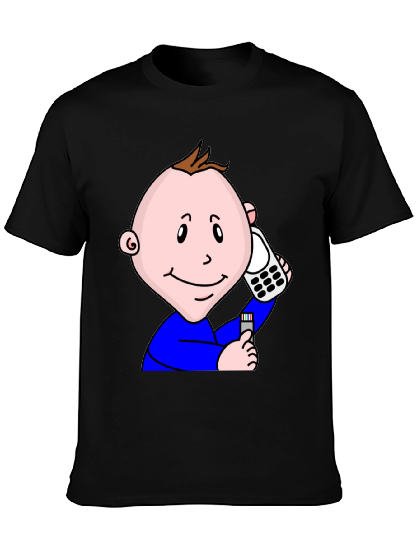 Cartoon Baby On Phone T-Shirt - Black Cotton Tee