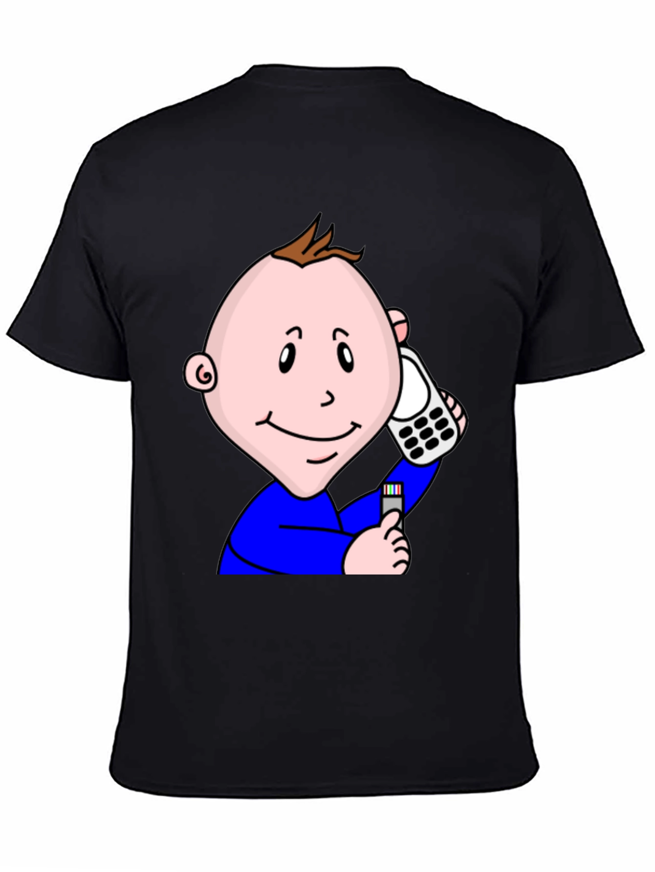 Cartoon Baby On Phone T-Shirt - Black Cotton Tee