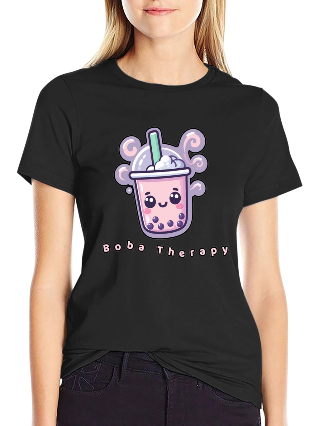 Boba Therapy Black T-Shirt - Kawaii Design