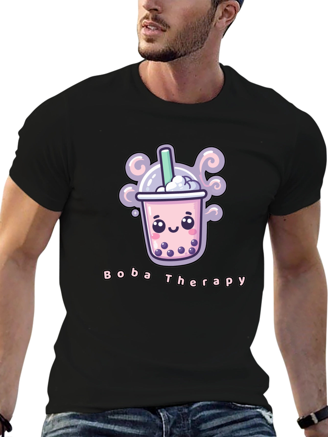 Boba Therapy Black T-Shirt - Kawaii Design