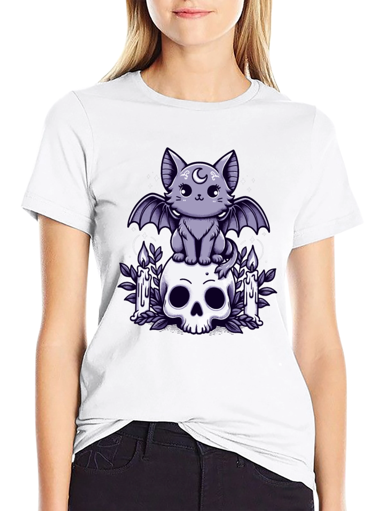 Gothic Bat Cat T-Shirt Skull & Candles Tee
