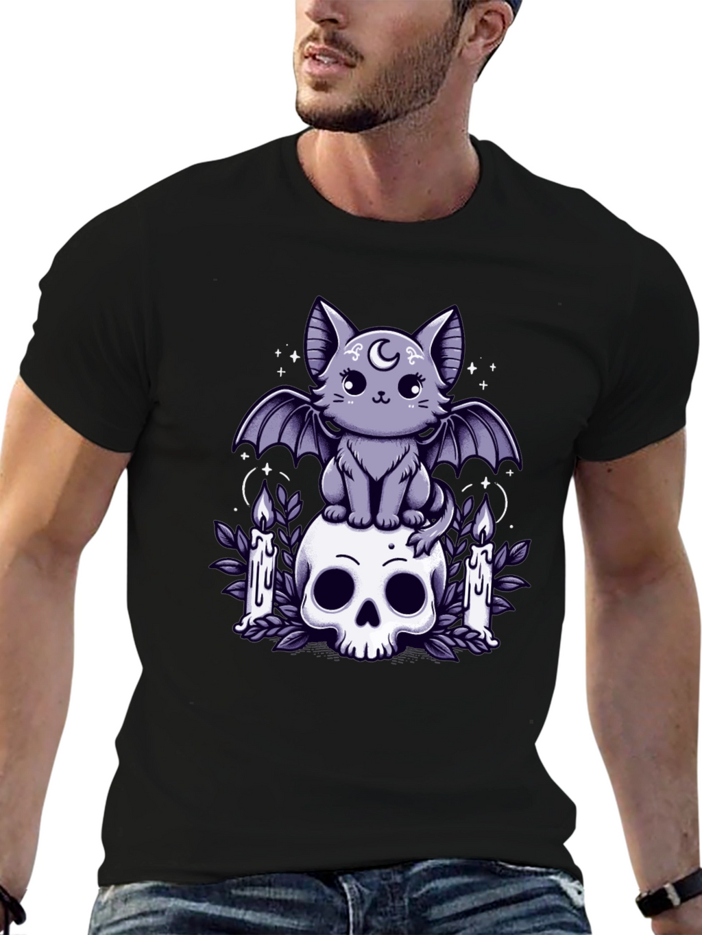 Gothic Bat Cat T-Shirt Skull & Candles Tee