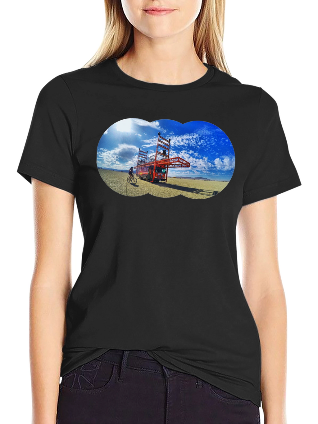Novelty Black T-Shirt with Artistic Desert Scene