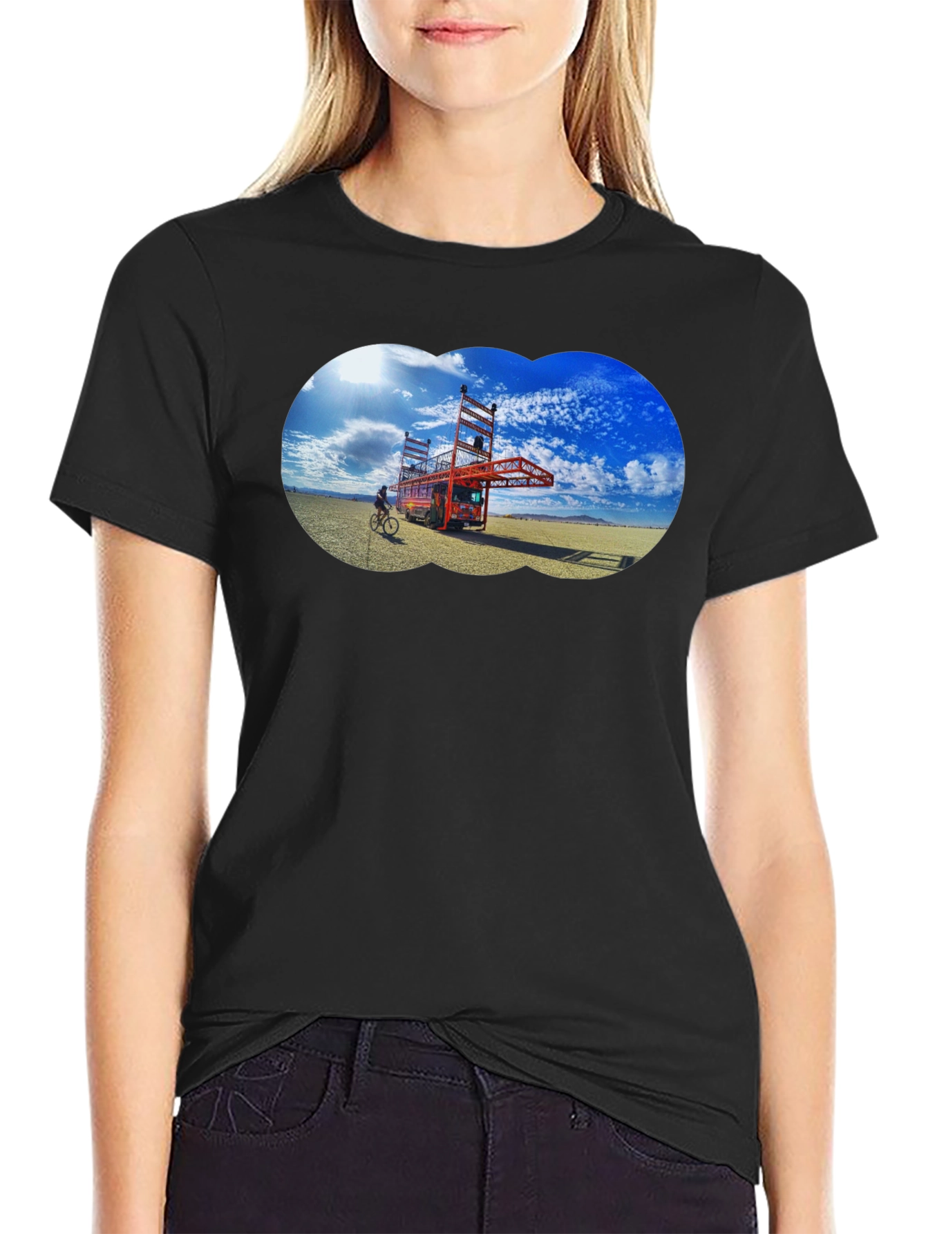 Novelty Black T-Shirt with Artistic Desert Scene