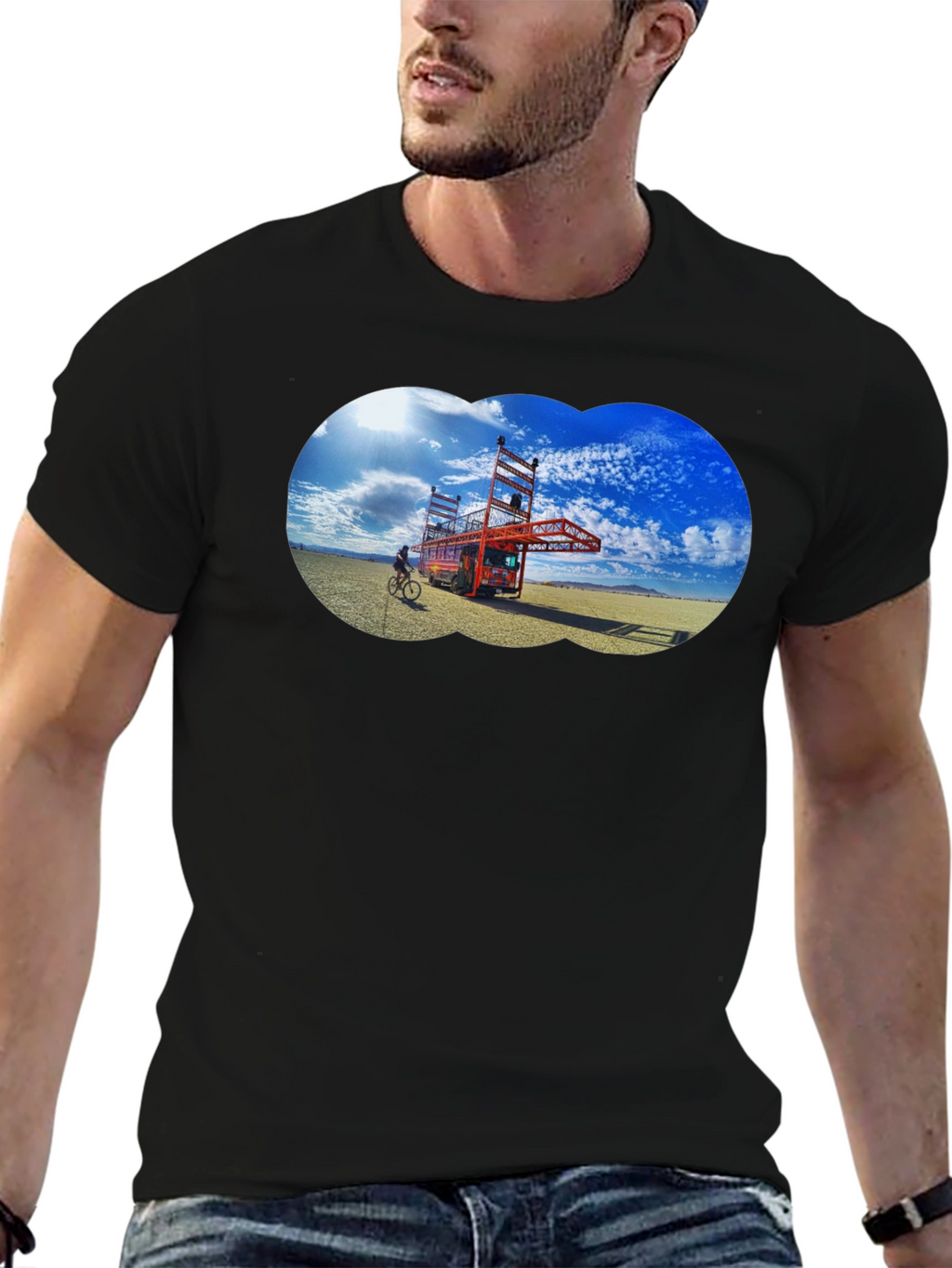 Novelty Black T-Shirt with Artistic Desert Scene