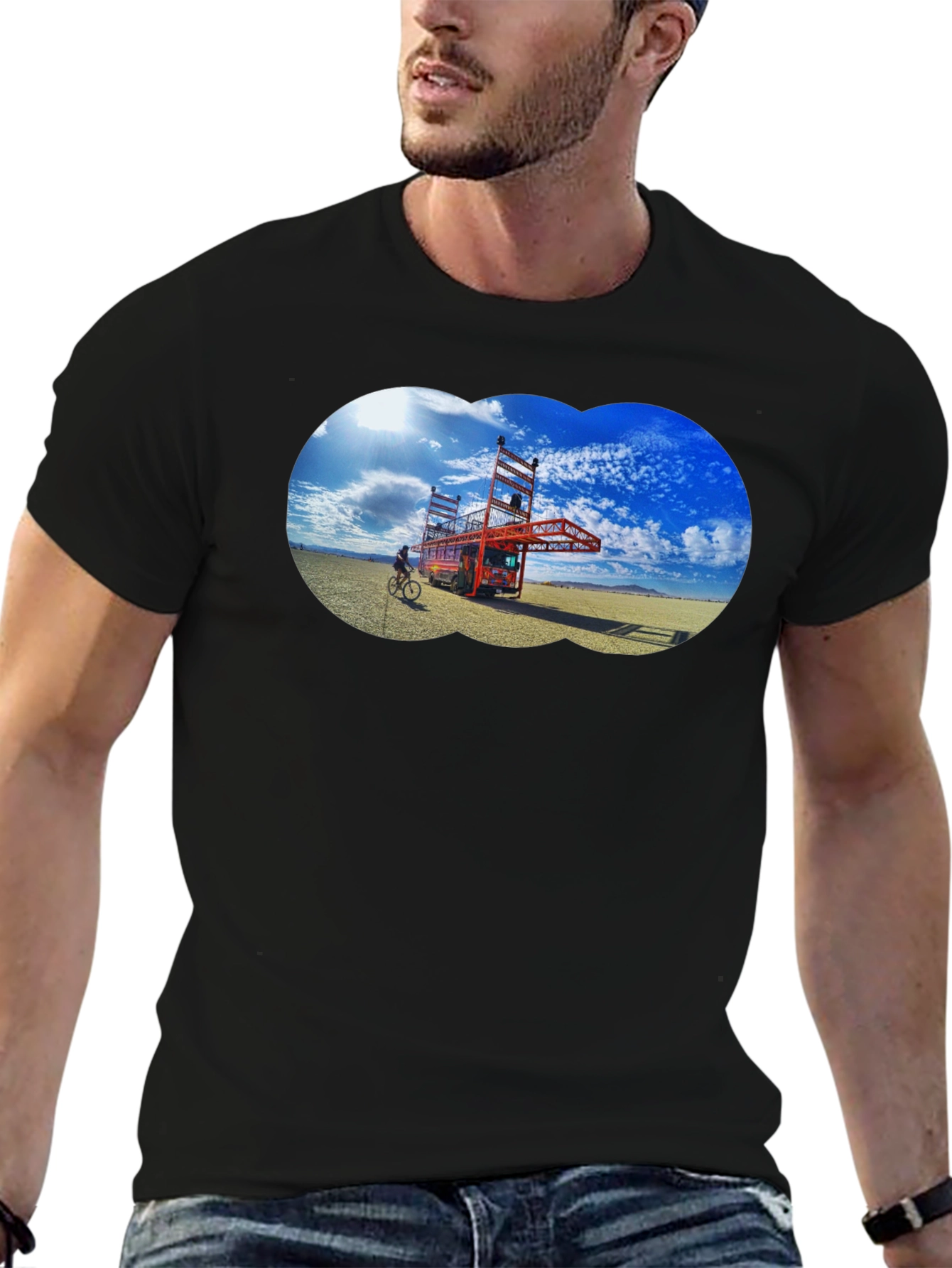 Novelty Black T-Shirt with Artistic Desert Scene