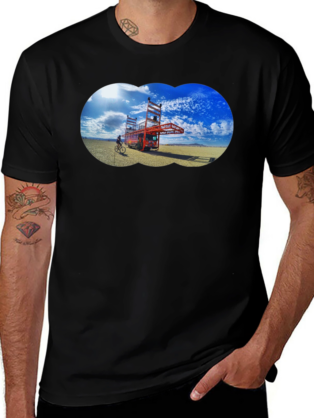 Novelty Black T-Shirt with Artistic Desert Scene