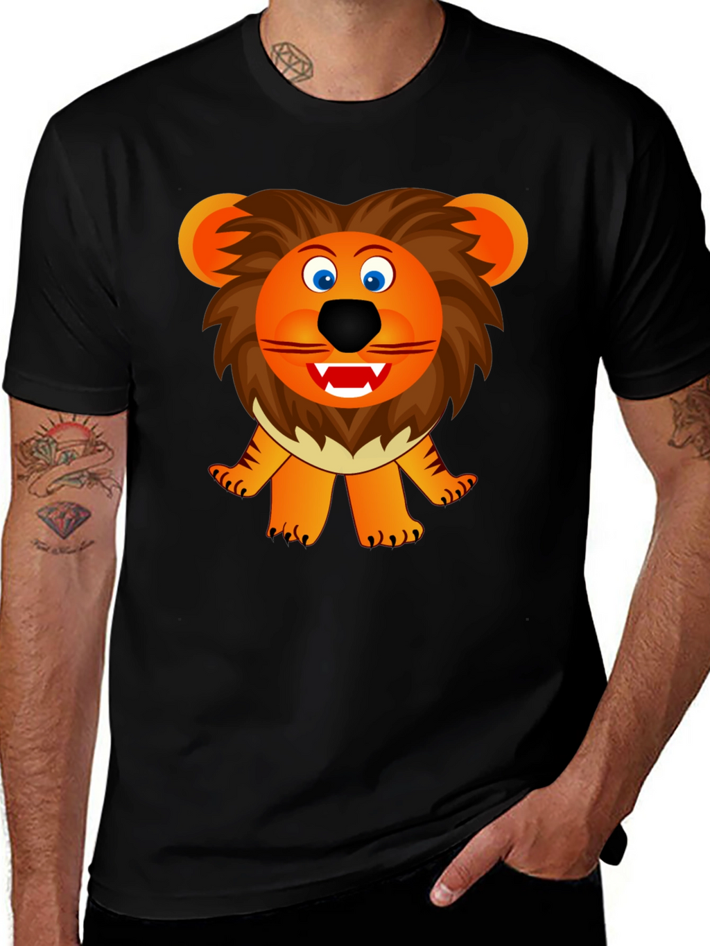 Cartoon Lion Graphic Tee - Black Unisex T-Shirt