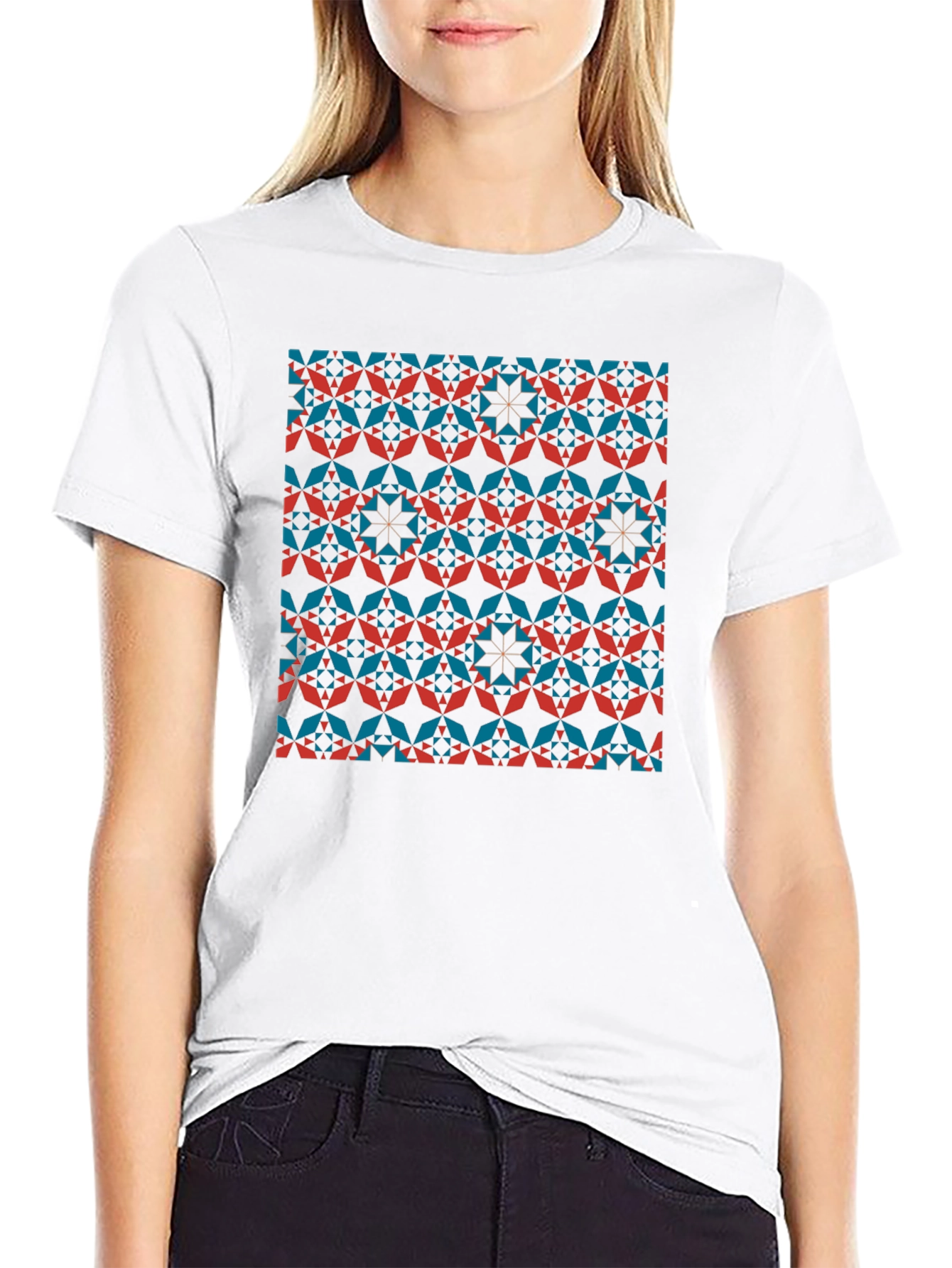 Geometric Patterned Crew Neck T-Shirt