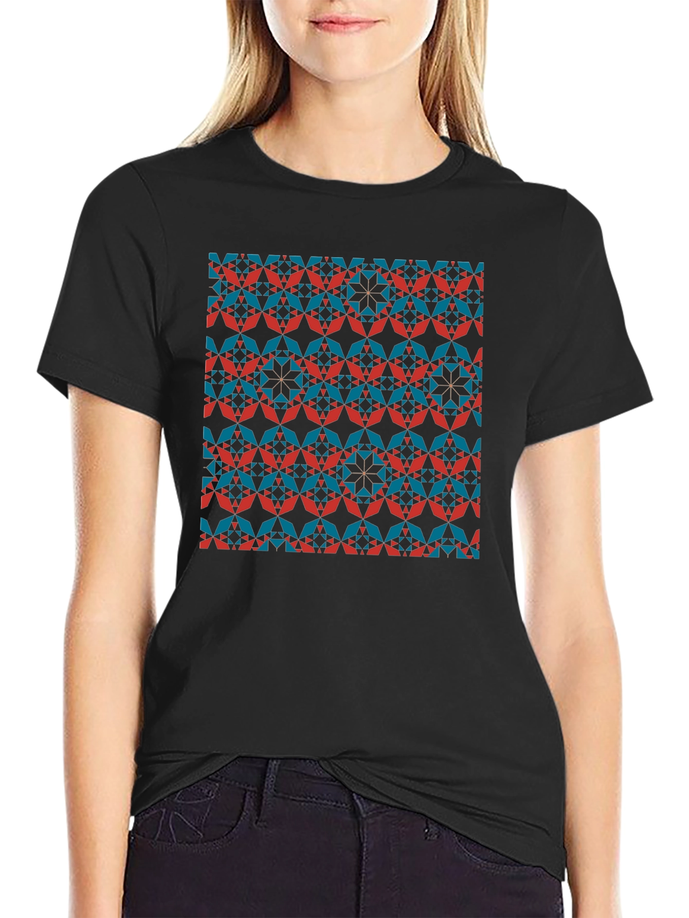 Geometric Patterned Crew Neck T-Shirt