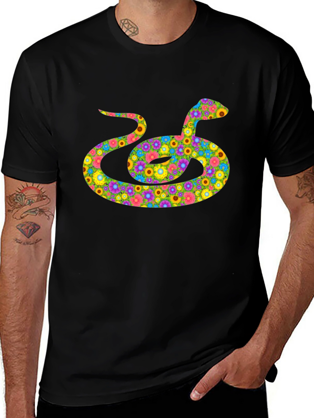 Floral Snake Graphic Tee - Black Cotton Shirt