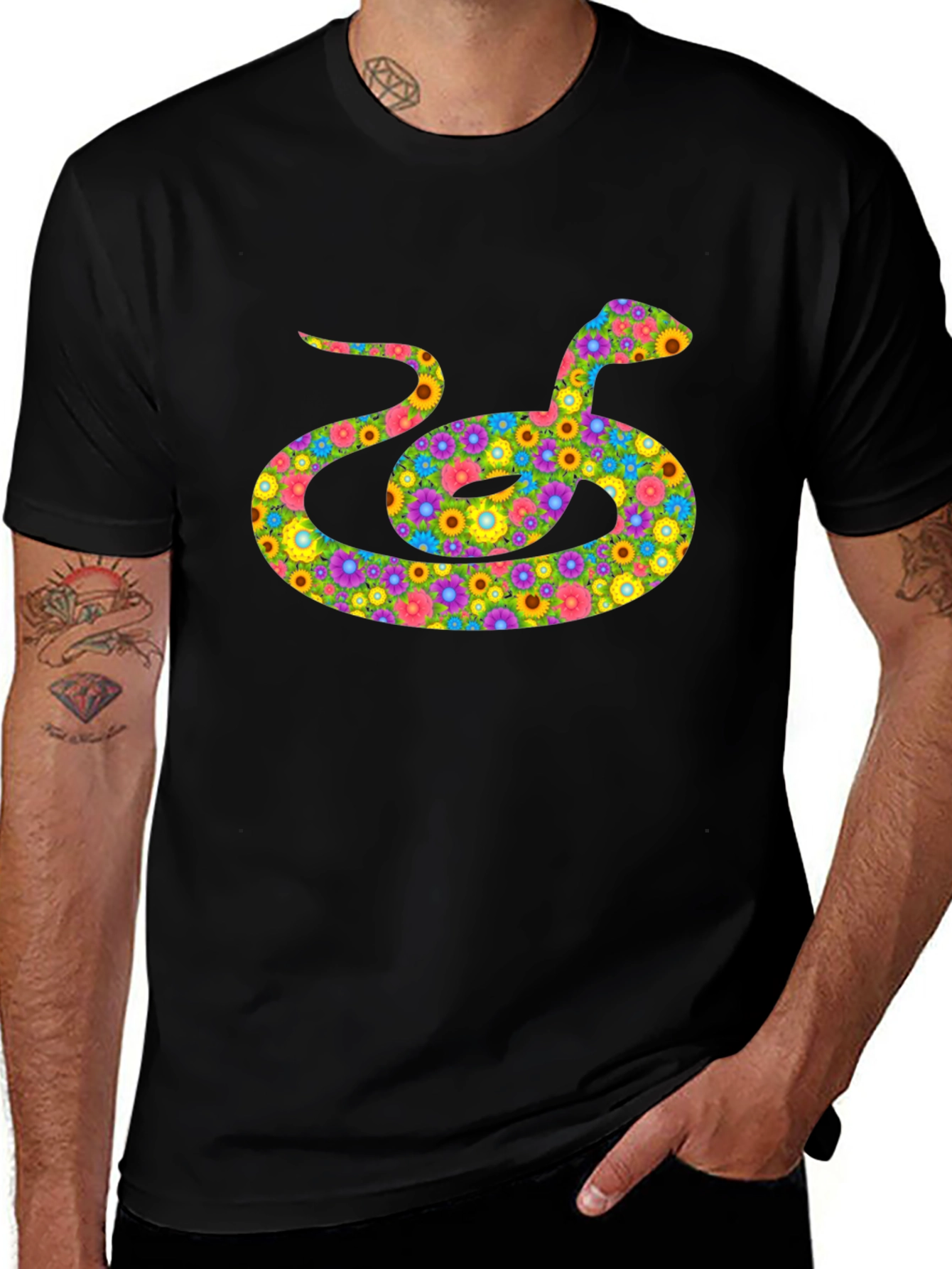 Floral Snake Graphic Tee - Black Cotton Shirt