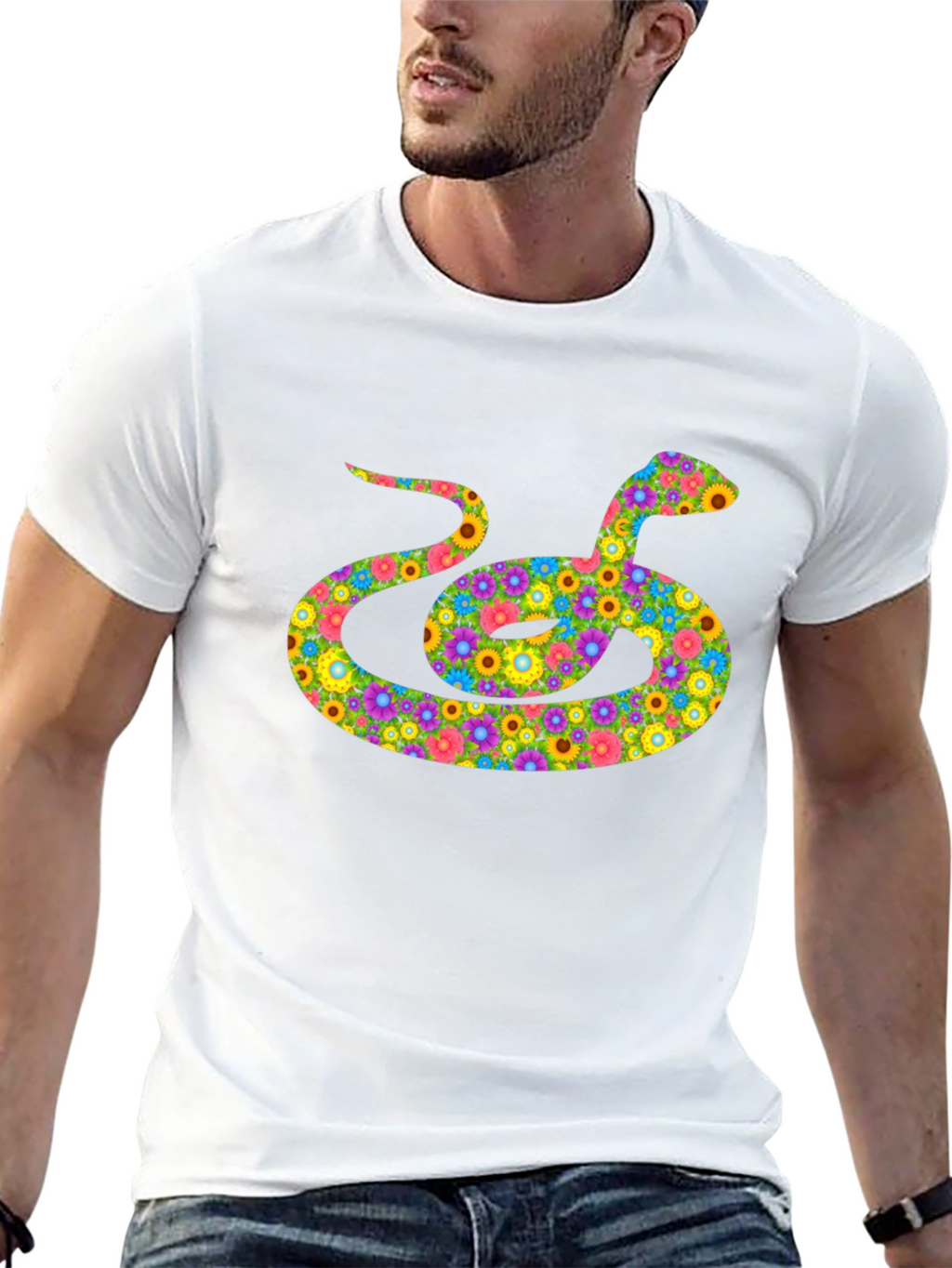 Floral Snake Graphic Tee - Black Cotton Shirt